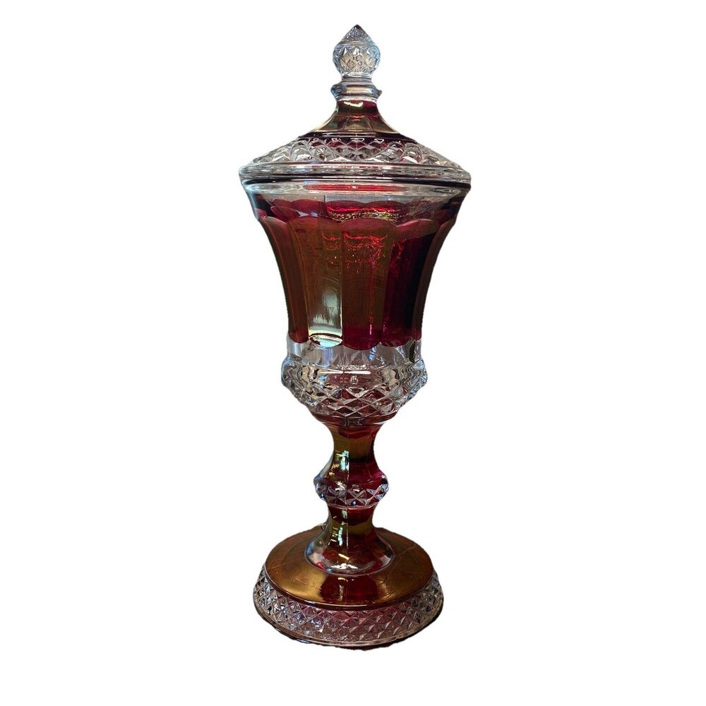 Westmoreland Old Quilt Ruby Red Flash Glass Pedestal Candy Jar Compote Lid